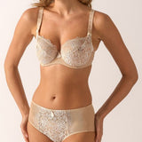 Side angle of ivory high-waist lace culotte brief showing sheer details—The Foundation