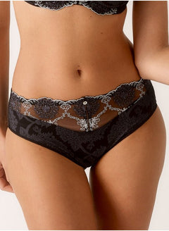 Close up of Empreinte Lilly Rose Culotte Brief in black, featuring sheer floral embroidery and scalloped lace detailing.