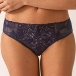 Front view of Empreinte Agathe Shorty Brief in Cobalt from The Foundation – bold French lace knickers with tattoo-effect embroidery.