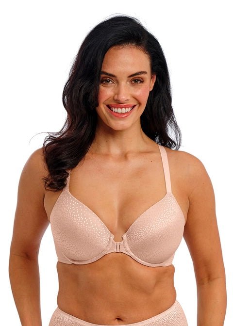 Woman wearing nude front-closure underwire T-shirt bra with smooth cups