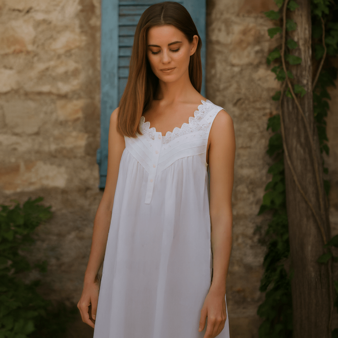 Woman wearing a white cotton sleeveless nightie from the Arabella Collection, styled in a French country-inspired setting with rustic stone wall and shutters.