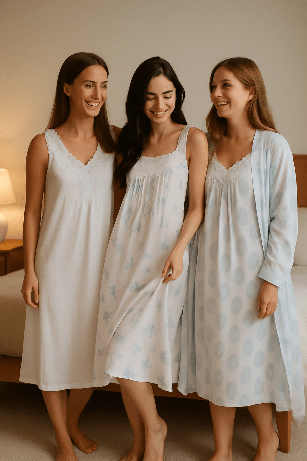 Three women wearing Arabella cotton nightgowns and robe from The Foundation, standing barefoot in a softly lit bedroom, smiling and relaxed"