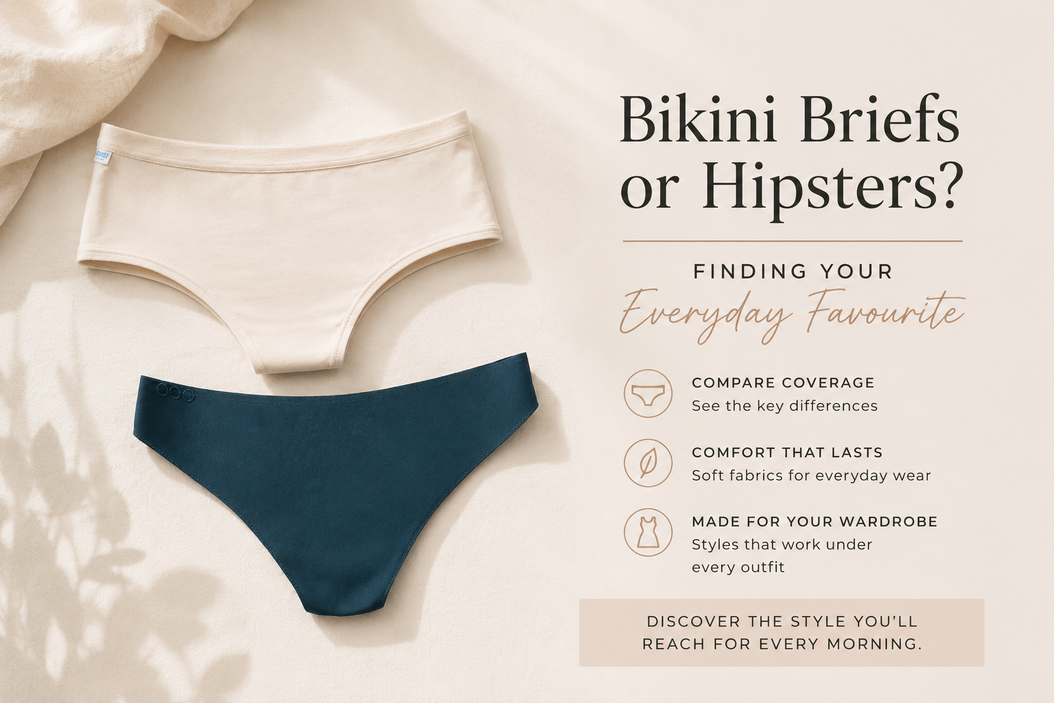 Comparison of bikini briefs and hipster briefs for everyday comfort and coverage.