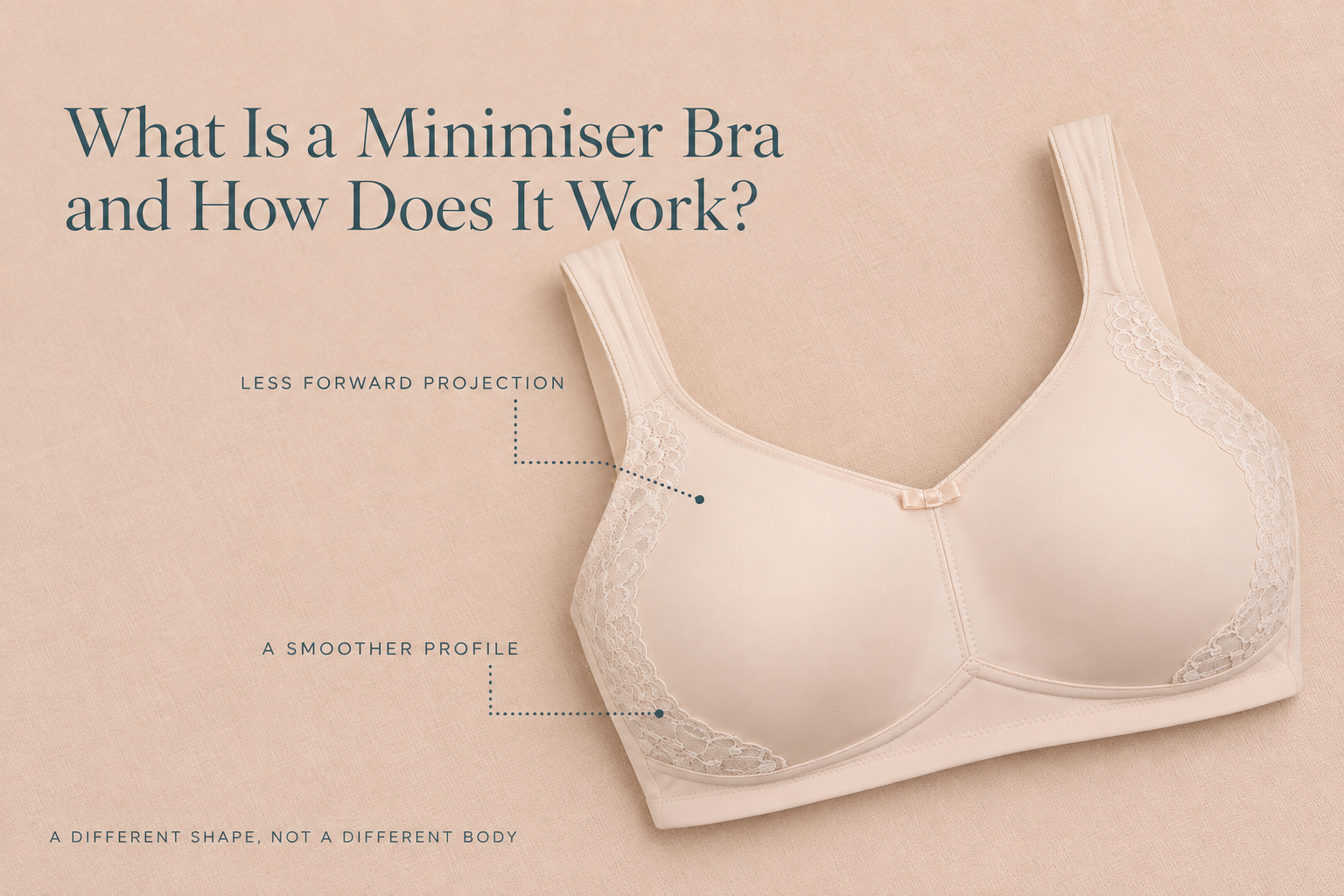 SUSA London Minimiser Soft Bra Sand with callouts highlighting less forward projection and a smoother profile.