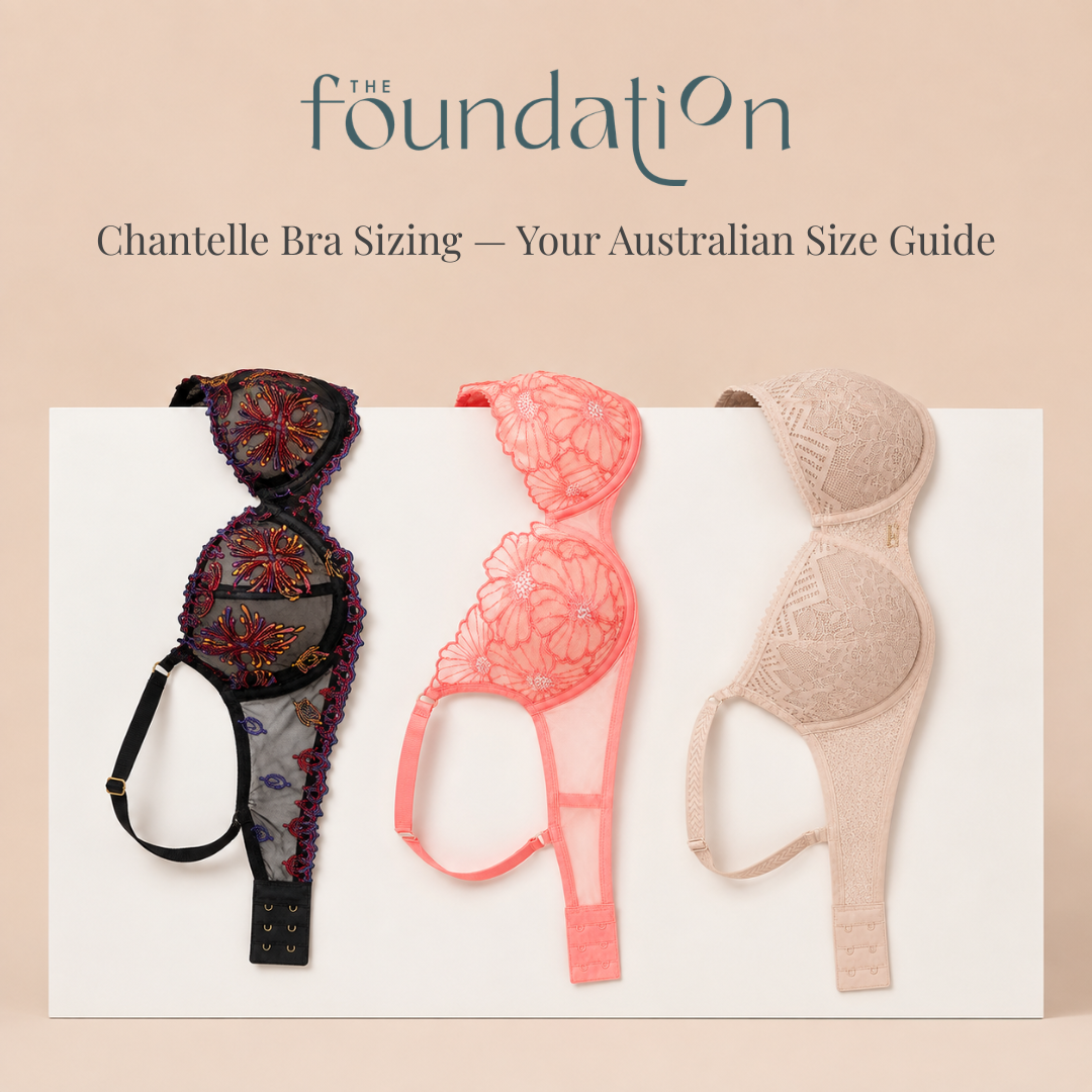 Three Chantelle bras in black embroidery, coral floral lace and beige lace displayed against The Foundation’s neutral branded backdrop.