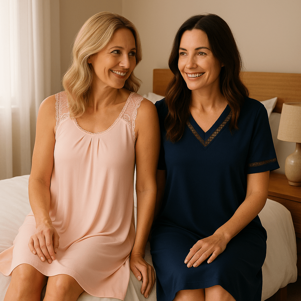 Two women sitting on a bed wearing The Foundation nighties — one in a peach Sally Modal Jersey Sleeveless Swing Nightdress and the other in a navy Louisa Modal Jersey Short Sleeve Short Nightdress — in a softly lit, modern bedroom setting.