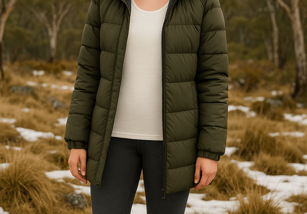 Woman wearing The Foundation's Wool & Silk Long Sleeve Top in Ivory, styled with dark thermal leggings, olive green puffer jacket, and brown hiking boots, standing in a snowy Australian bush setting.