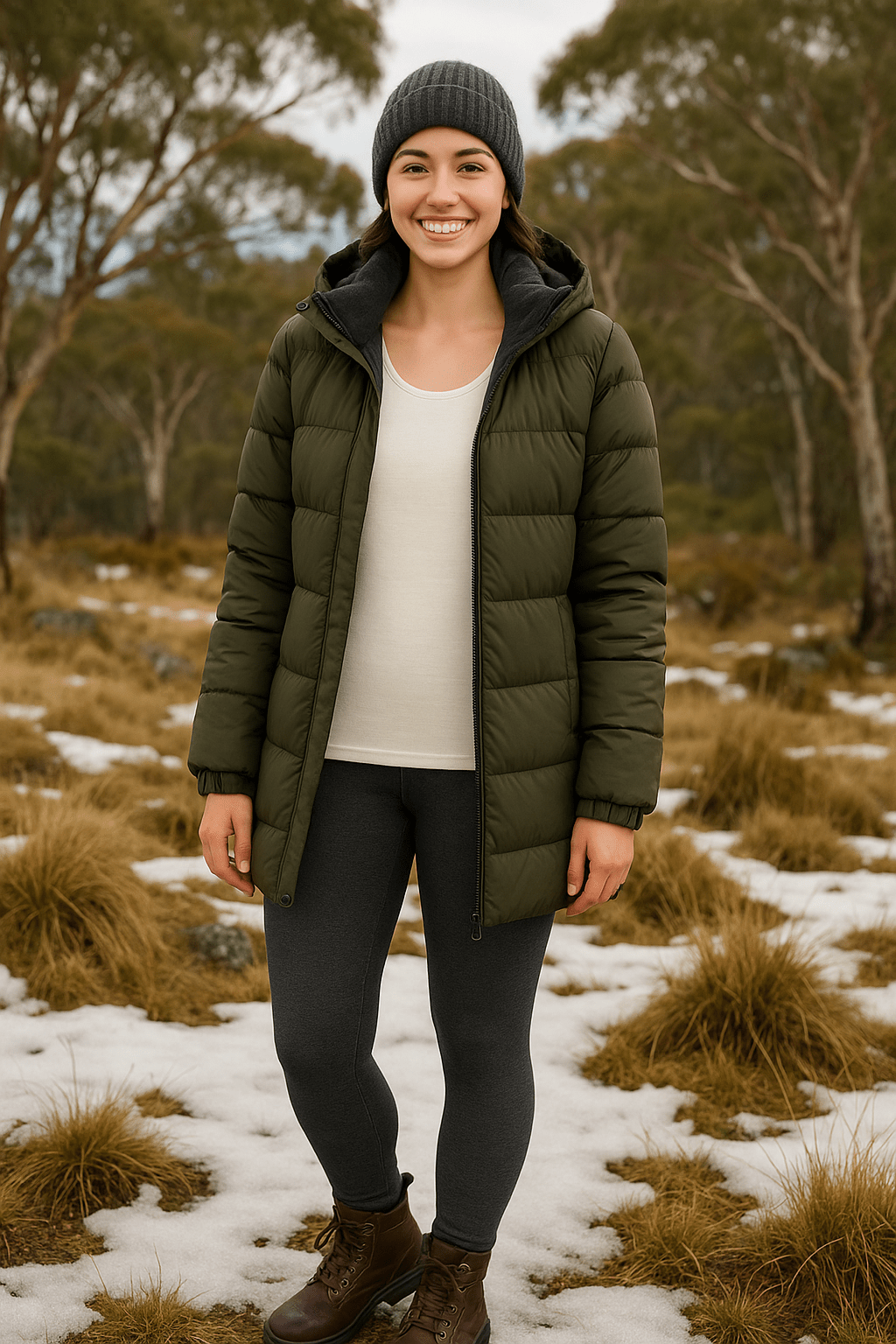 Woman wearing The Foundation's Wool & Silk Long Sleeve Top in Ivory, styled with dark thermal leggings, olive green puffer jacket, and brown hiking boots, standing in a snowy Australian bush setting.