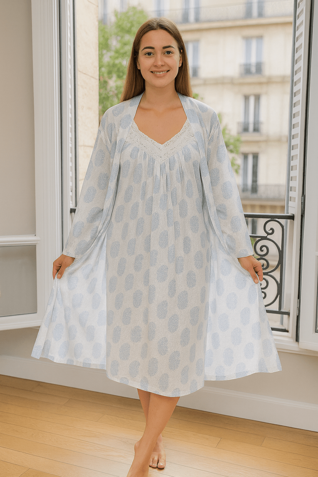 Woman wearing a white cotton robe with soft blue paisley print, standing in a sunlit room by a window.
