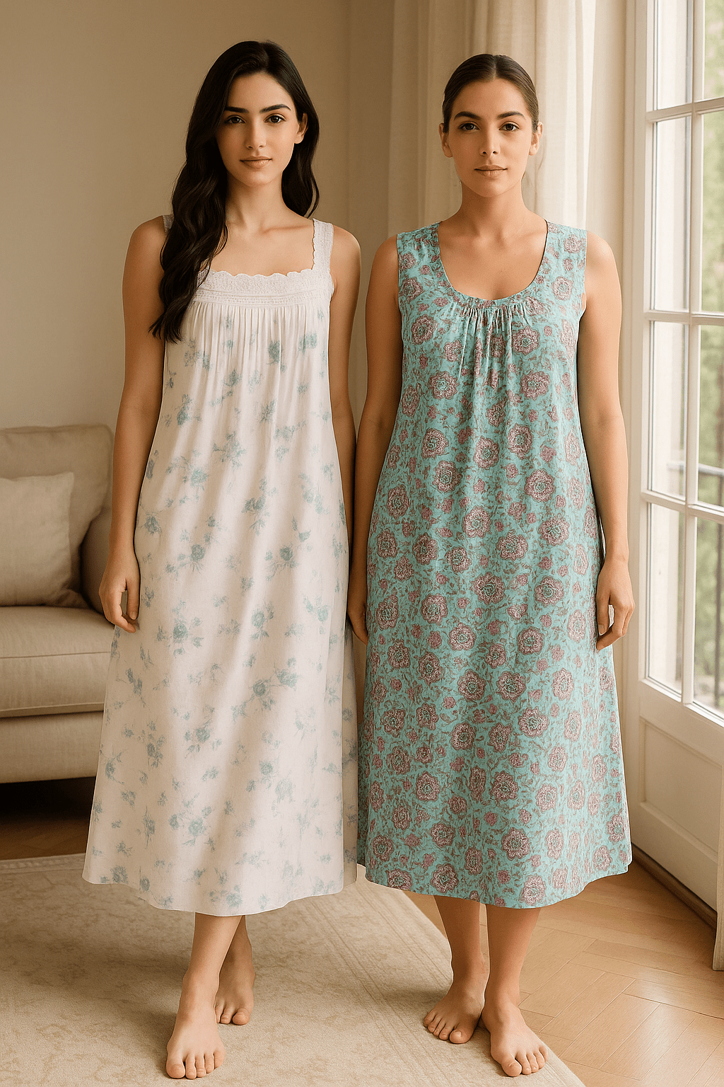 Two women wearing The Foundation sleepwear — Arabella floral nightie in white and Lotus sleeveless nightie in aqua print.