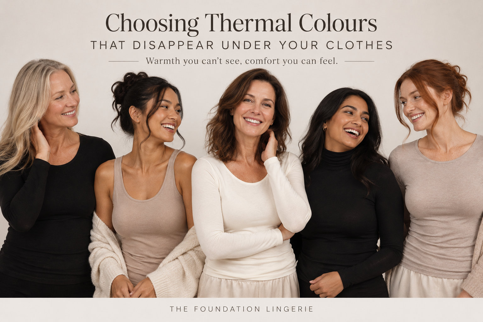 Diverse women wearing black, ivory and neutral thermal tops, illustrating how different thermal colours can disappear under clothing.