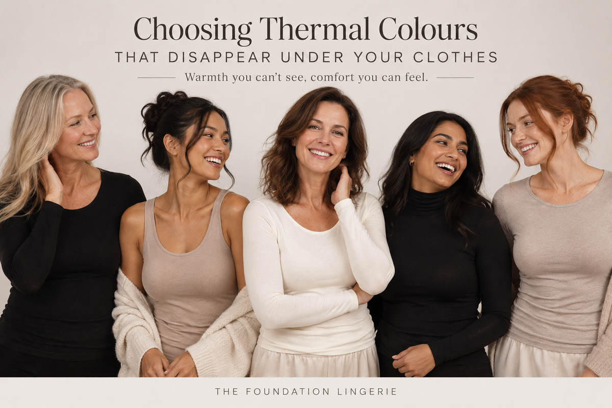 Diverse women wearing black, ivory and neutral thermal tops, illustrating how different thermal colours can disappear under clothing.