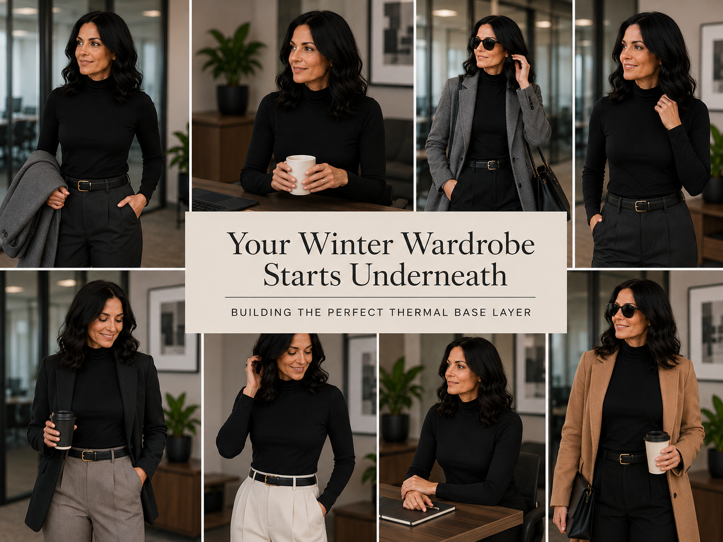 Collage of a woman wearing a black thermal top styled with office-ready outfits and layering pieces for winter.