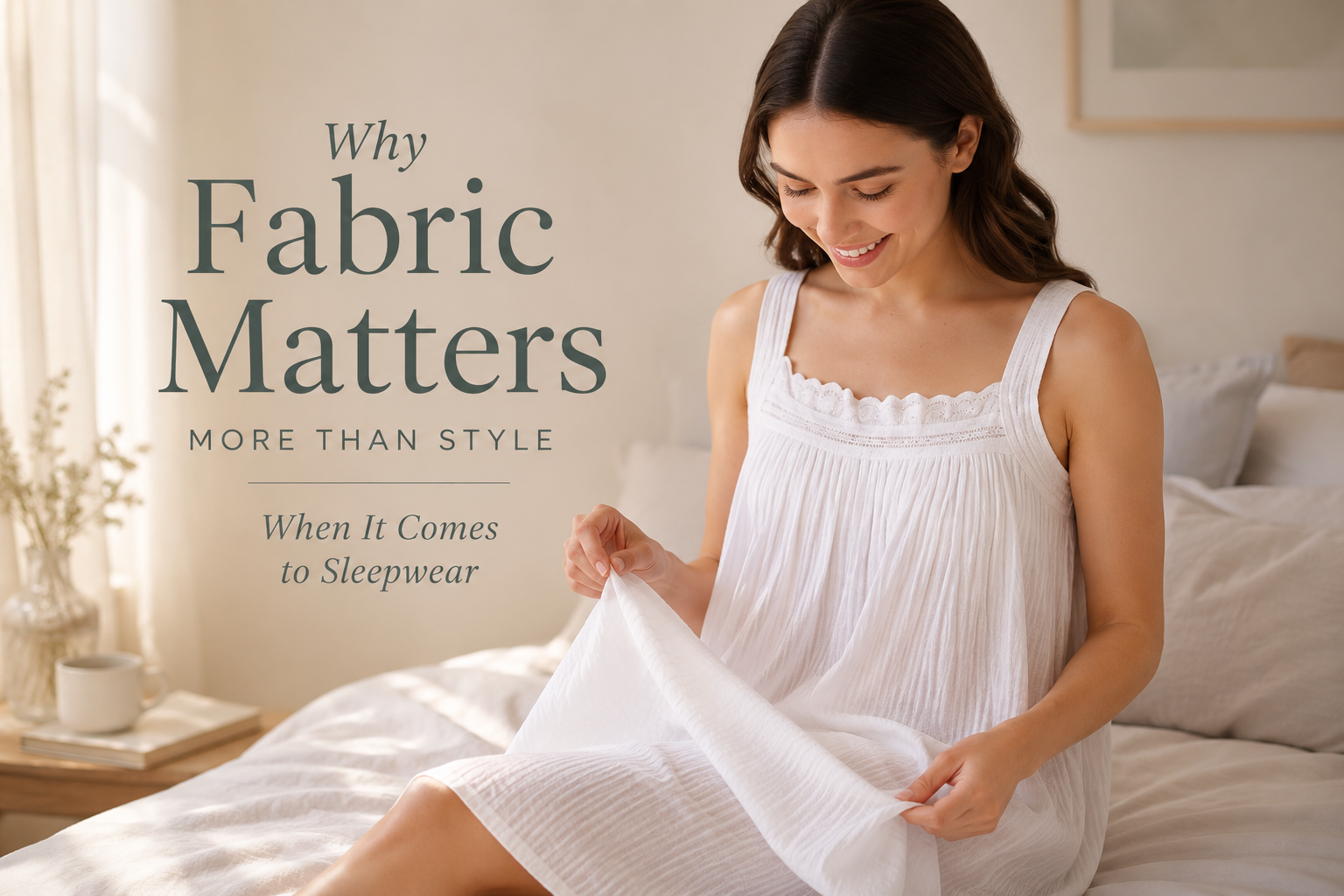 Woman in a white cotton nightdress feeling the soft fabric in a cosy bedroom, with the blog title "Why Fabric Matters More Than Style When It Comes to Sleepwear