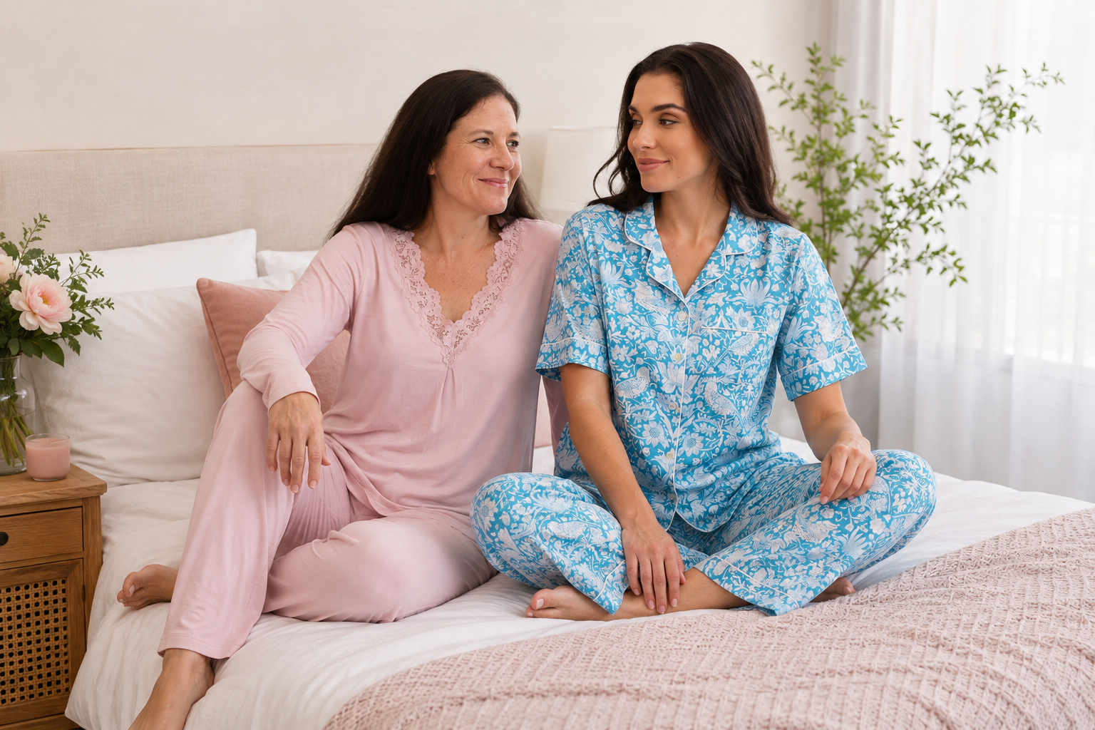 Two women relaxing together in comfortable pink and blue pyjama sets in a bright bedroom.
