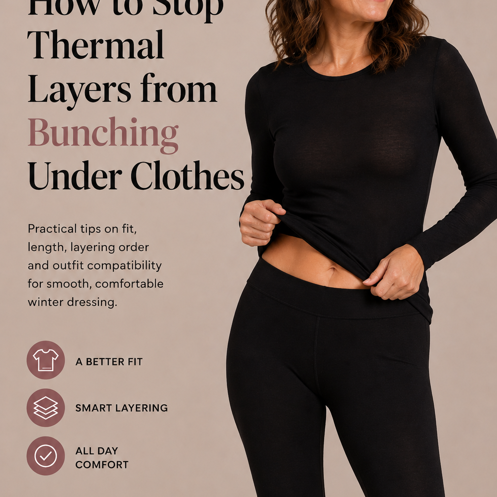 Woman lifting a black long-sleeve thermal top to show black thermal leggings underneath, illustrating how to prevent thermal layers from bunching under clothes.