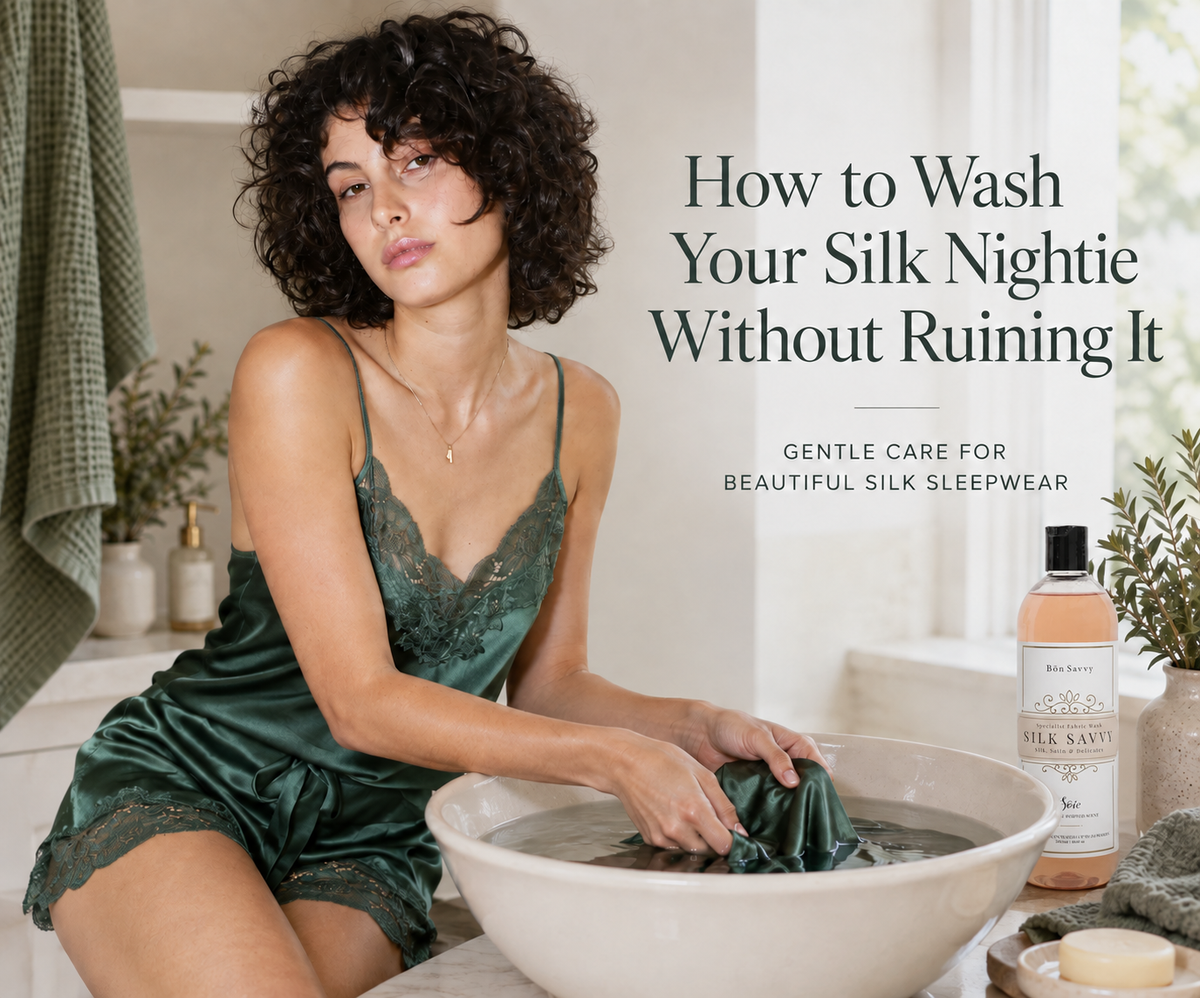 Woman hand washing a green silk nightie with Silk Savvy fabric wash