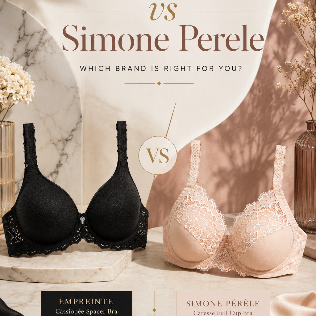 Luxury lingerie comparison featuring the Empreinte Cassiopée Spacer Bra in black and the Simone Pérèle Caresse Full Cup Bra in blush pink against an elegant editorial-style background.