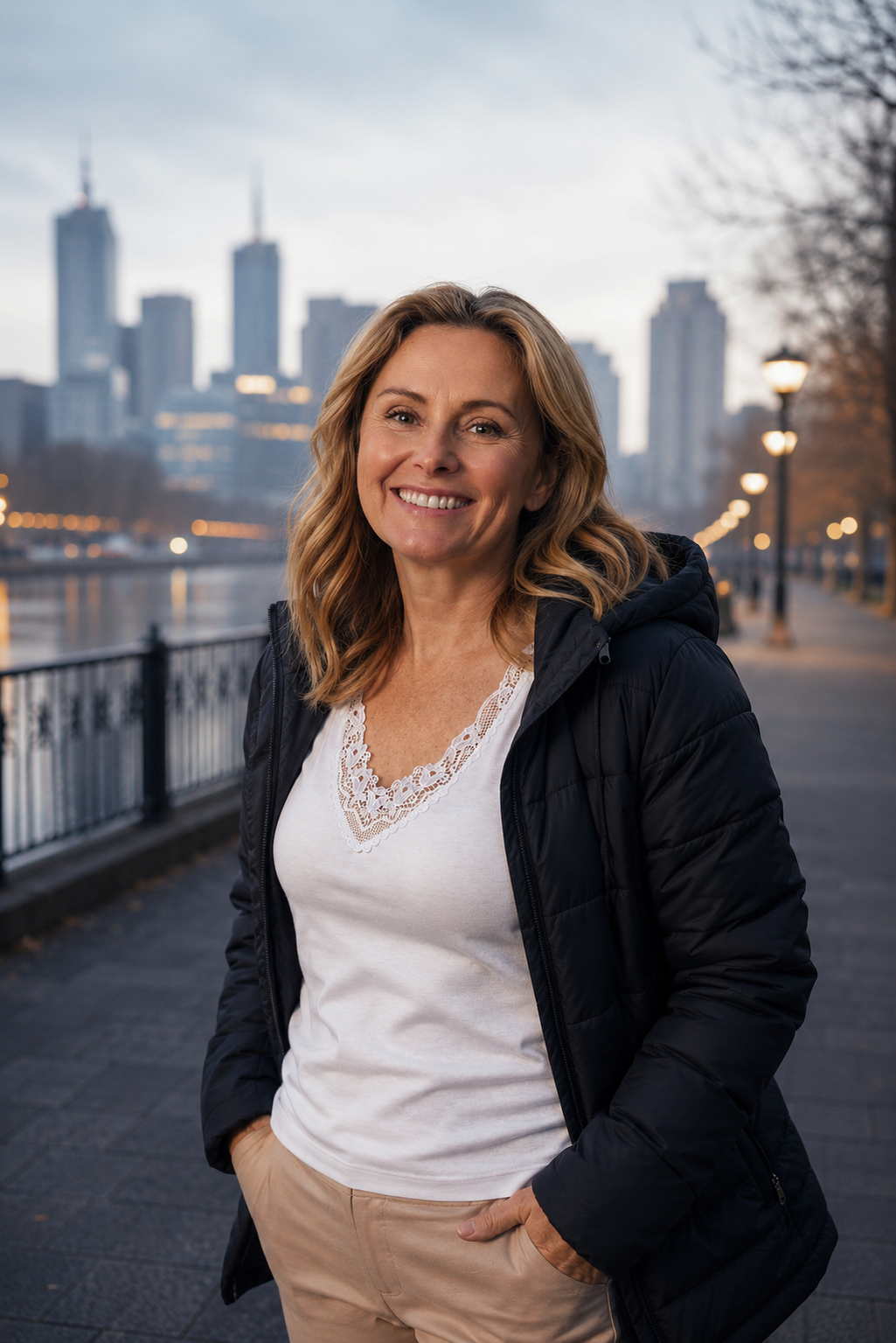 Middle-aged woman wearing a white lace-trim thermal top under a black winter jacket, standing outdoors on a chilly Melbourne morning with soft fog, city skyline, and glowing streetlights in the background.