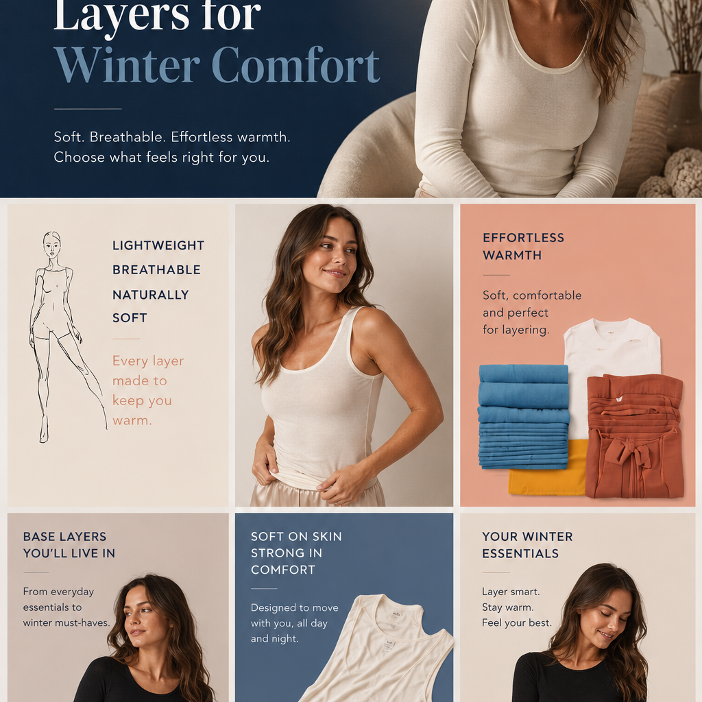 Woman wearing black and white modal thermal base layers in an editorial-style collage promoting winter comfort, featuring the headline "Modal or Cotton? Finding the Right Layers for Winter Comfort.