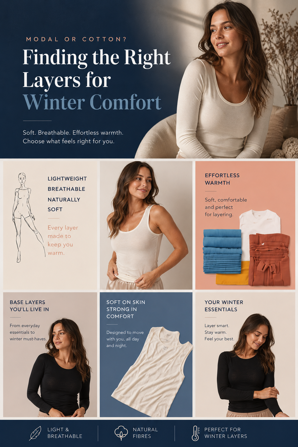 Woman wearing black and white modal thermal base layers in an editorial-style collage promoting winter comfort, featuring the headline "Modal or Cotton? Finding the Right Layers for Winter Comfort.