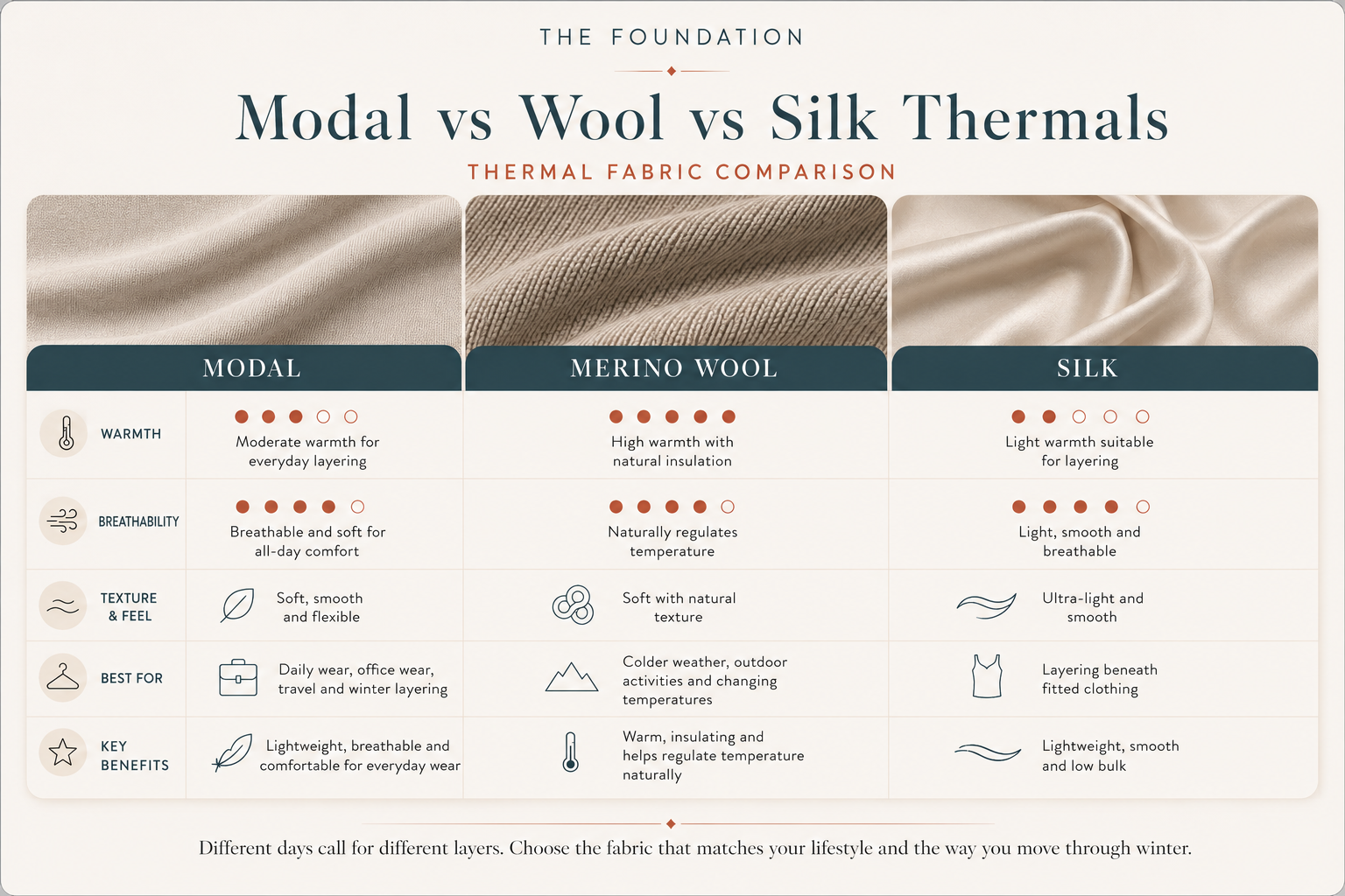 Modal vs wool vs silk thermal fabric comparison infographic