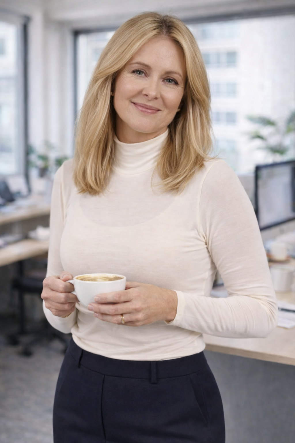 Woman wearing ivory modal-cashmere thermal long sleeve top layered under tailored navy trousers in a modern office setting.