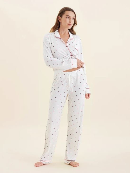 Model wearing Kate Modal Soft Full Length PJ Set in Ecru Hearts – lightweight women's sleepwear with heart print, ideal for cosy nights