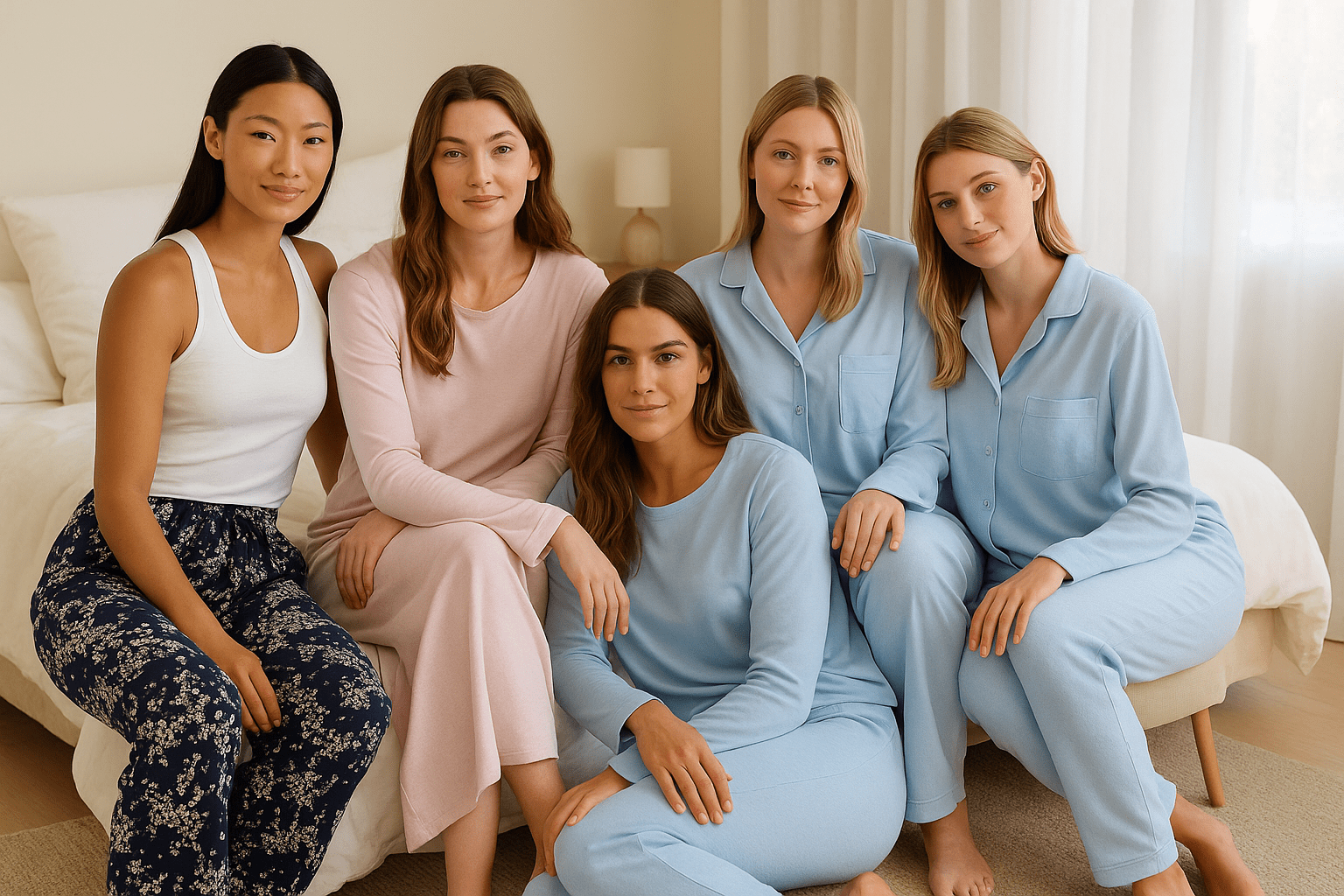 Women lounging in a sunlit bedroom wearing Papinelle sleepwear in soft florals and pastels.