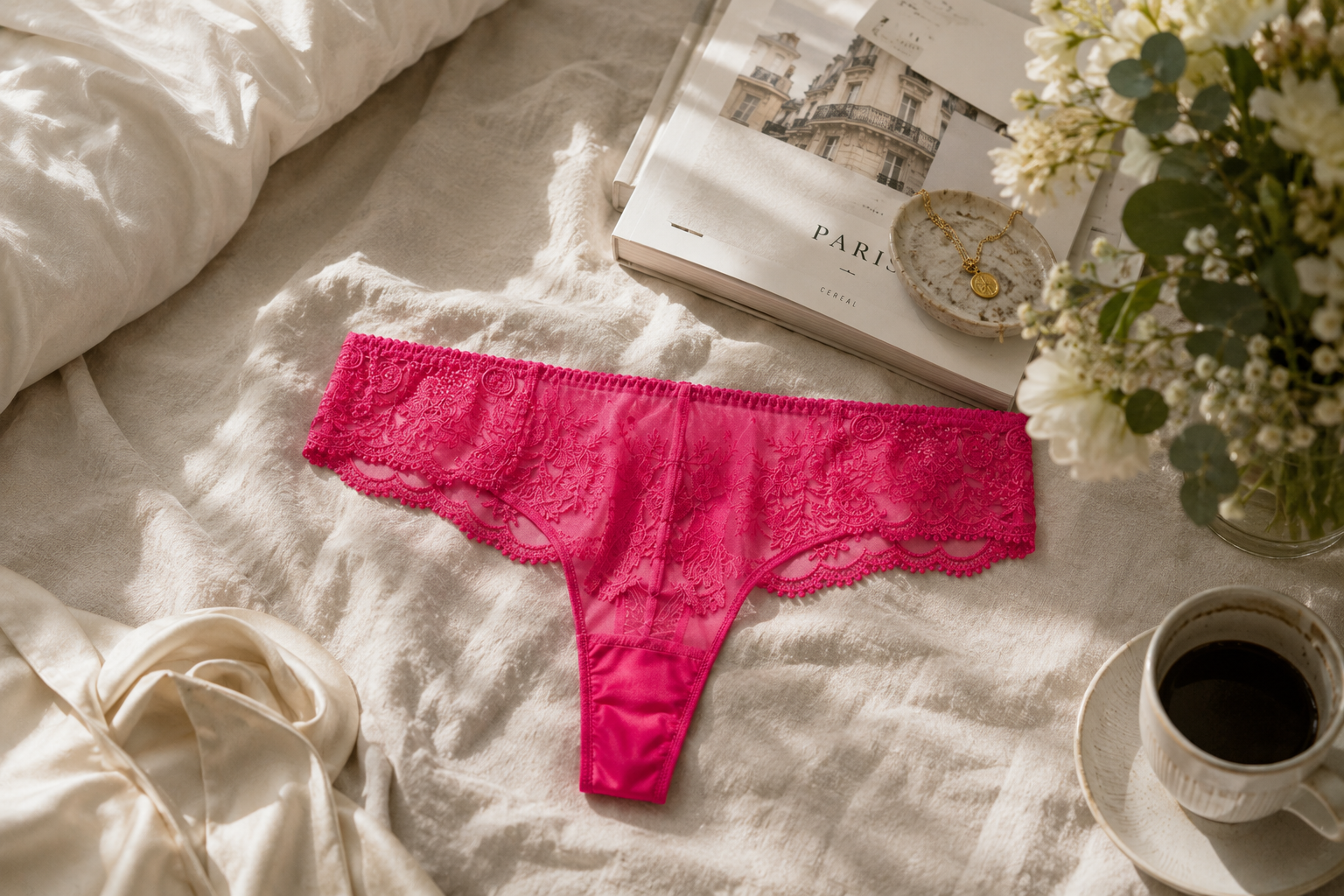Simone Perele Intrigue Tanga in Disco Pink styled on soft linen with fresh flowers and natural light.