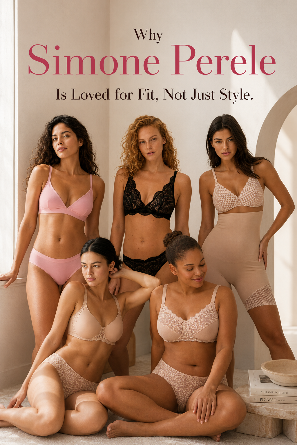 Simone Perele lingerie collection in an elegant magazine-style editorial setting.