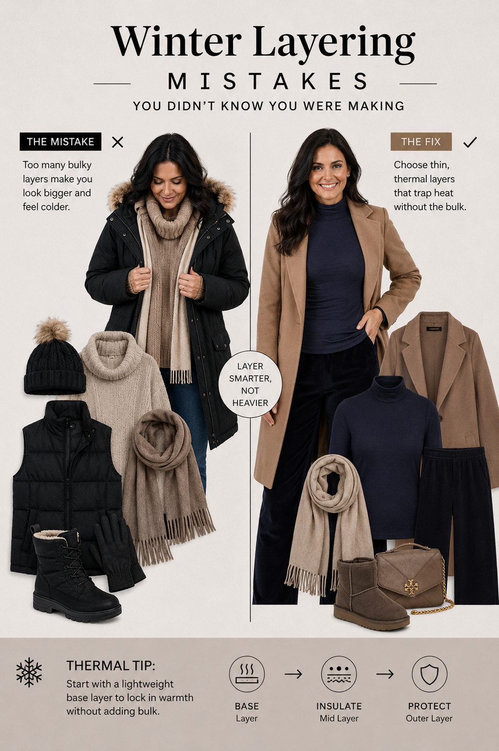 Stylish winter layering outfit featuring a navy thermal base layer with smart, low-bulk cold-weather essentials.