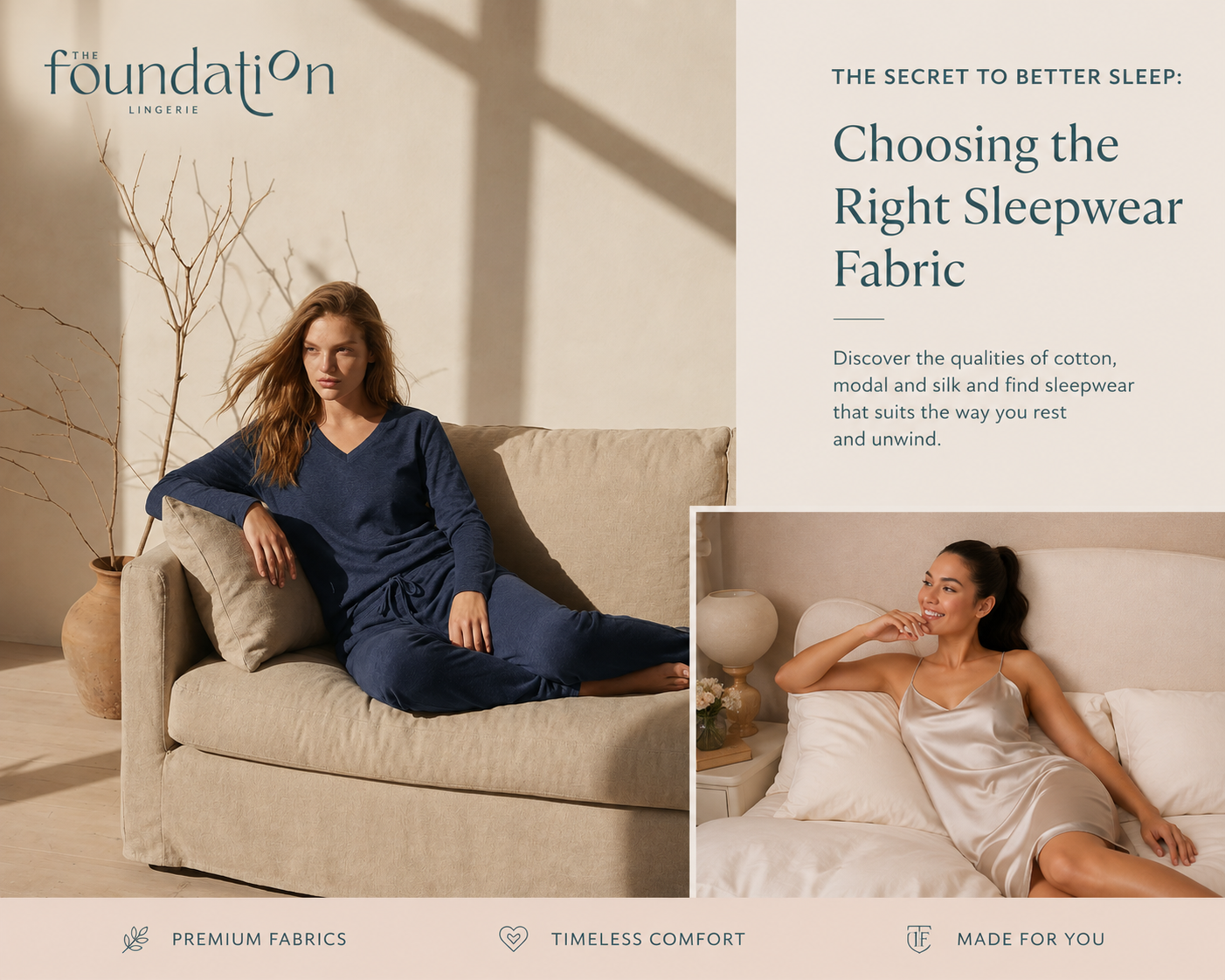 Women modelling navy and silk sleepwear for The Foundation’s guide to choosing the right sleepwear fabric