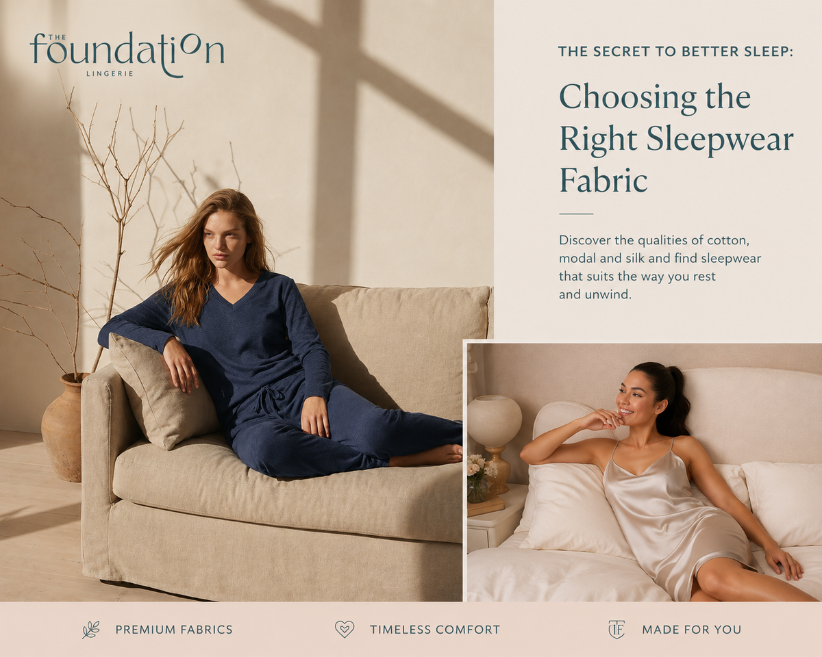 Women modelling navy and silk sleepwear for The Foundation’s guide to choosing the right sleepwear fabric