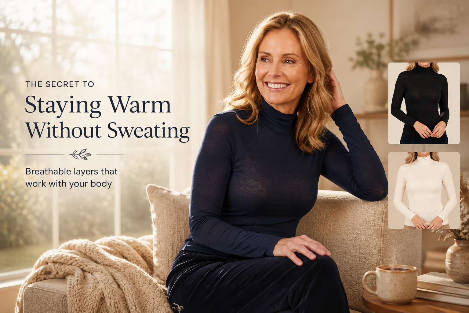 Woman wearing a navy thermal top in a cosy home showcasing breathable winter layering