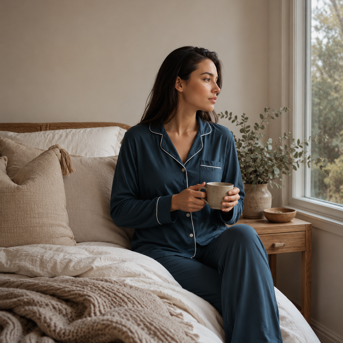Woman wearing Lotus teal sleepwear relaxing on a cosy bed with a mug of tea beside a sunlit window in a warm Australian winter bedroom.