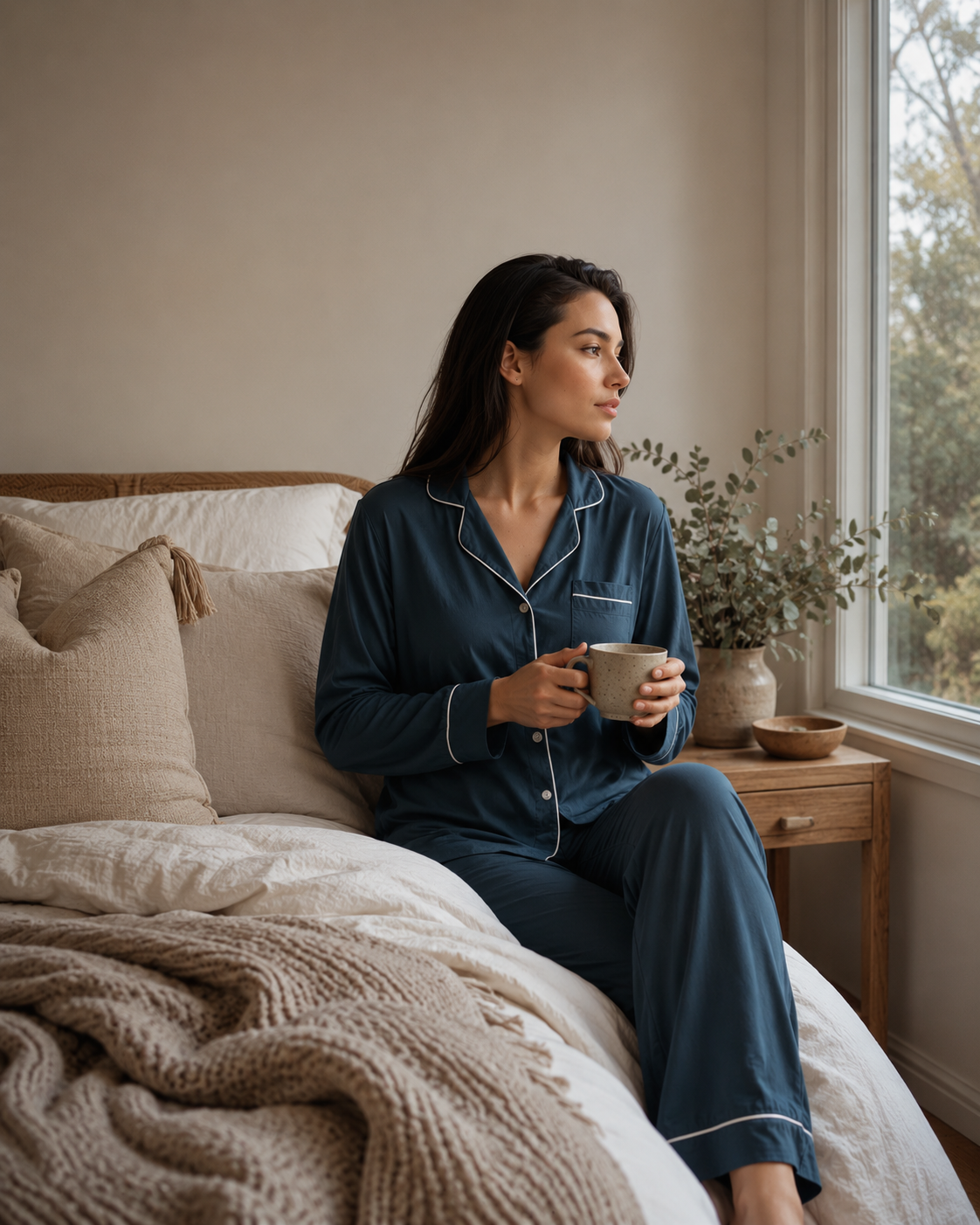 Woman wearing Lotus teal sleepwear relaxing on a cosy bed with a mug of tea beside a sunlit window in a warm Australian winter bedroom.