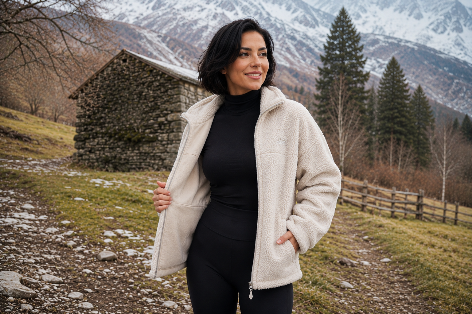 Woman wearing a black thermal top under an open fleece jacket in a scenic winter mountain landscape.