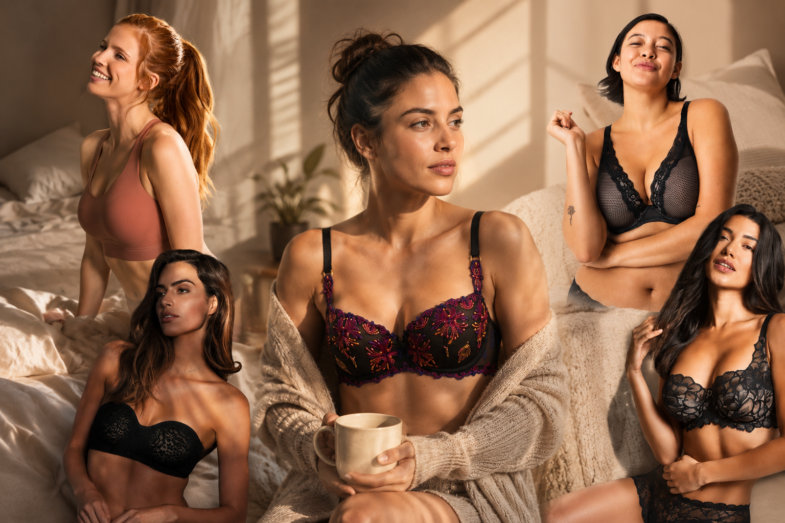 Women wearing everyday bras in a warm, elegant bedroom setting highlighting comfort, confidence, and premium lingerie styles.