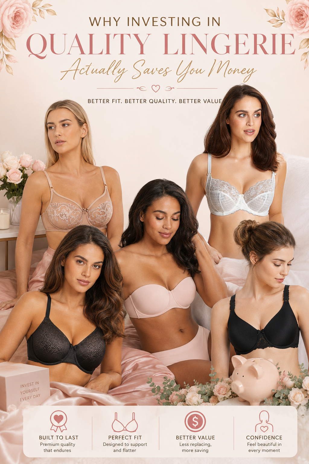 Women wearing premium lingerie in an elegant bedroom setting.