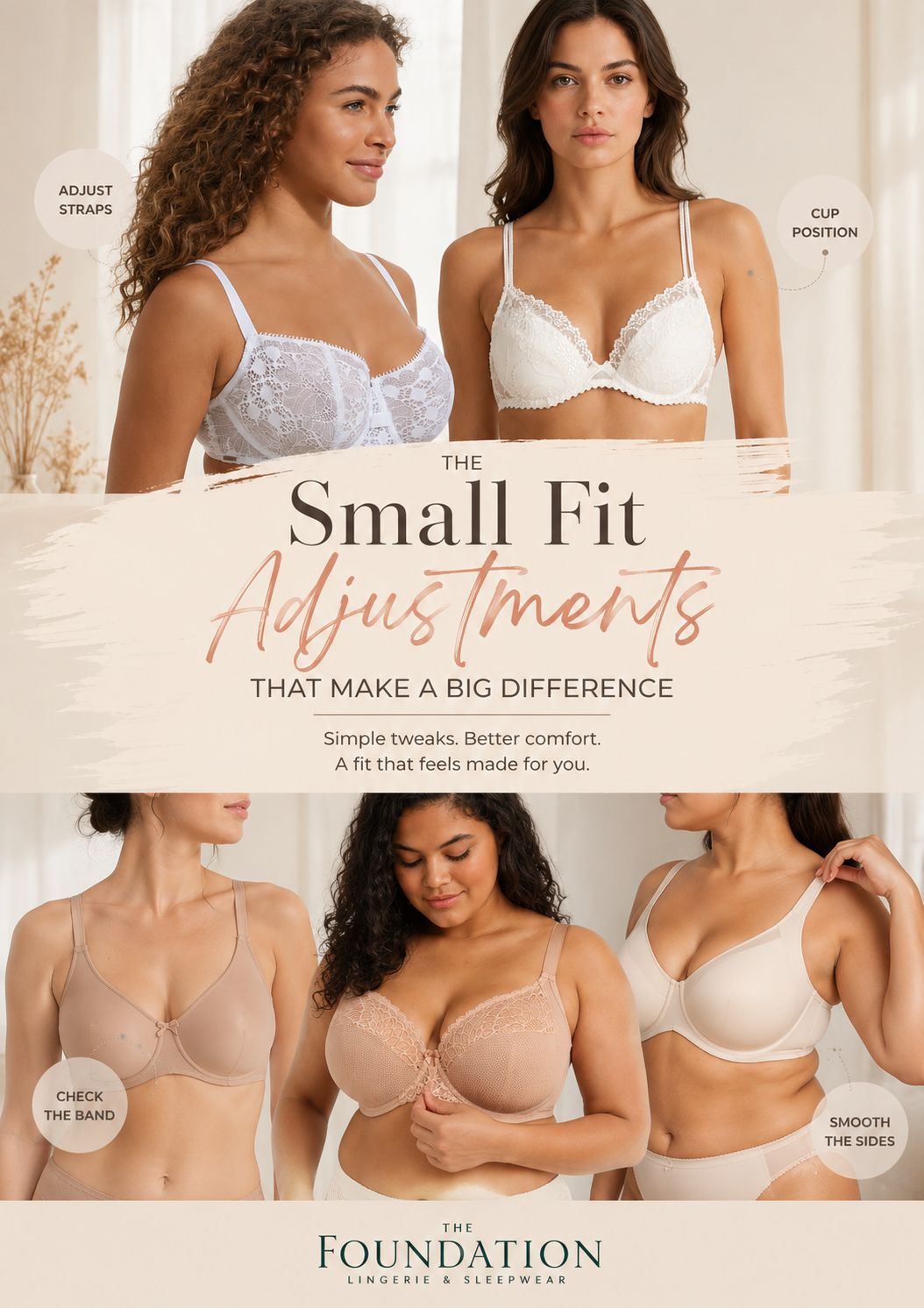 Women wearing supportive lingerie demonstrating small bra fit adjustments for improved comfort and fit.