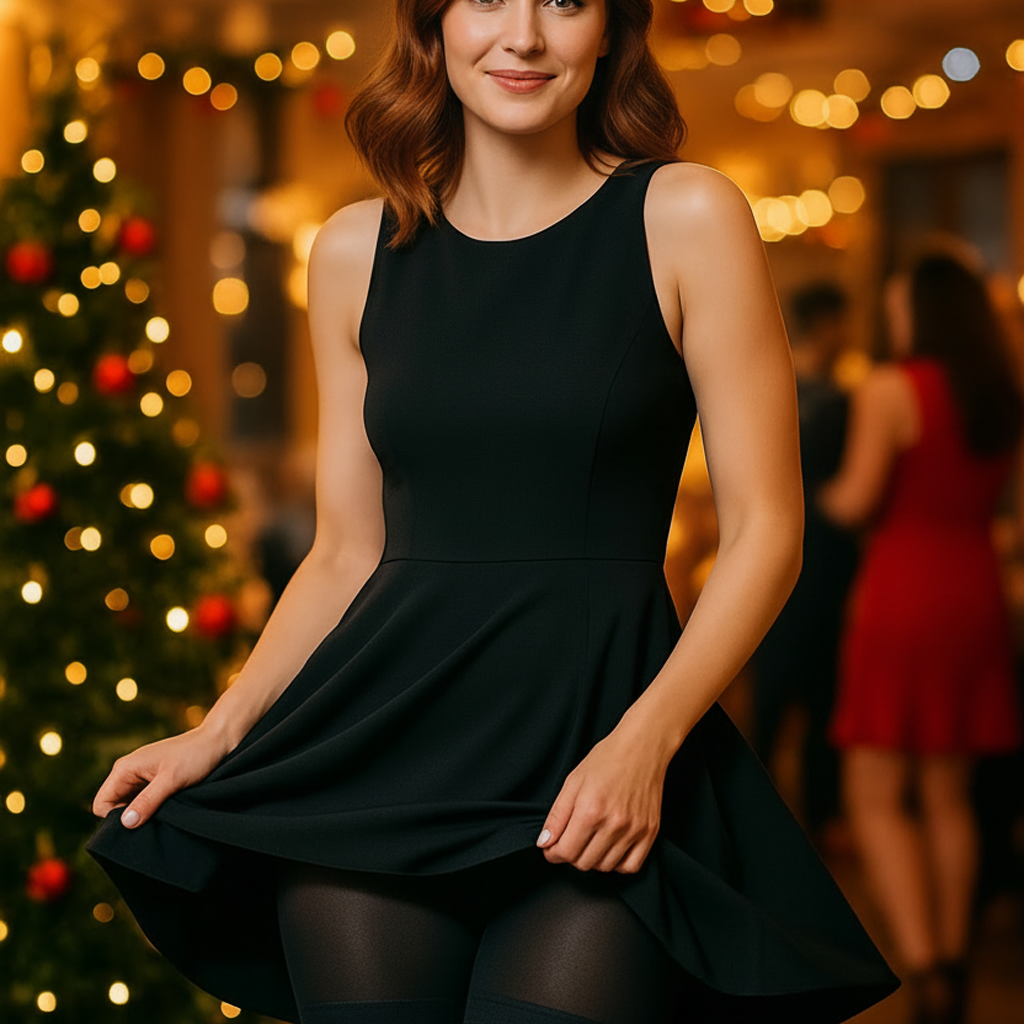 A smiling woman in a sleeveless black party dress playfully holding down the hem, revealing sleek shapewear underneath. She's standing in a warm, festive Christmas party setting with lights and a decorated tree in the background.