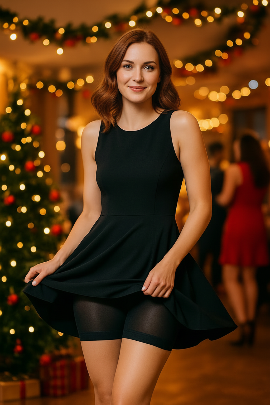 A smiling woman in a sleeveless black party dress playfully holding down the hem, revealing sleek shapewear underneath. She's standing in a warm, festive Christmas party setting with lights and a decorated tree in the background.