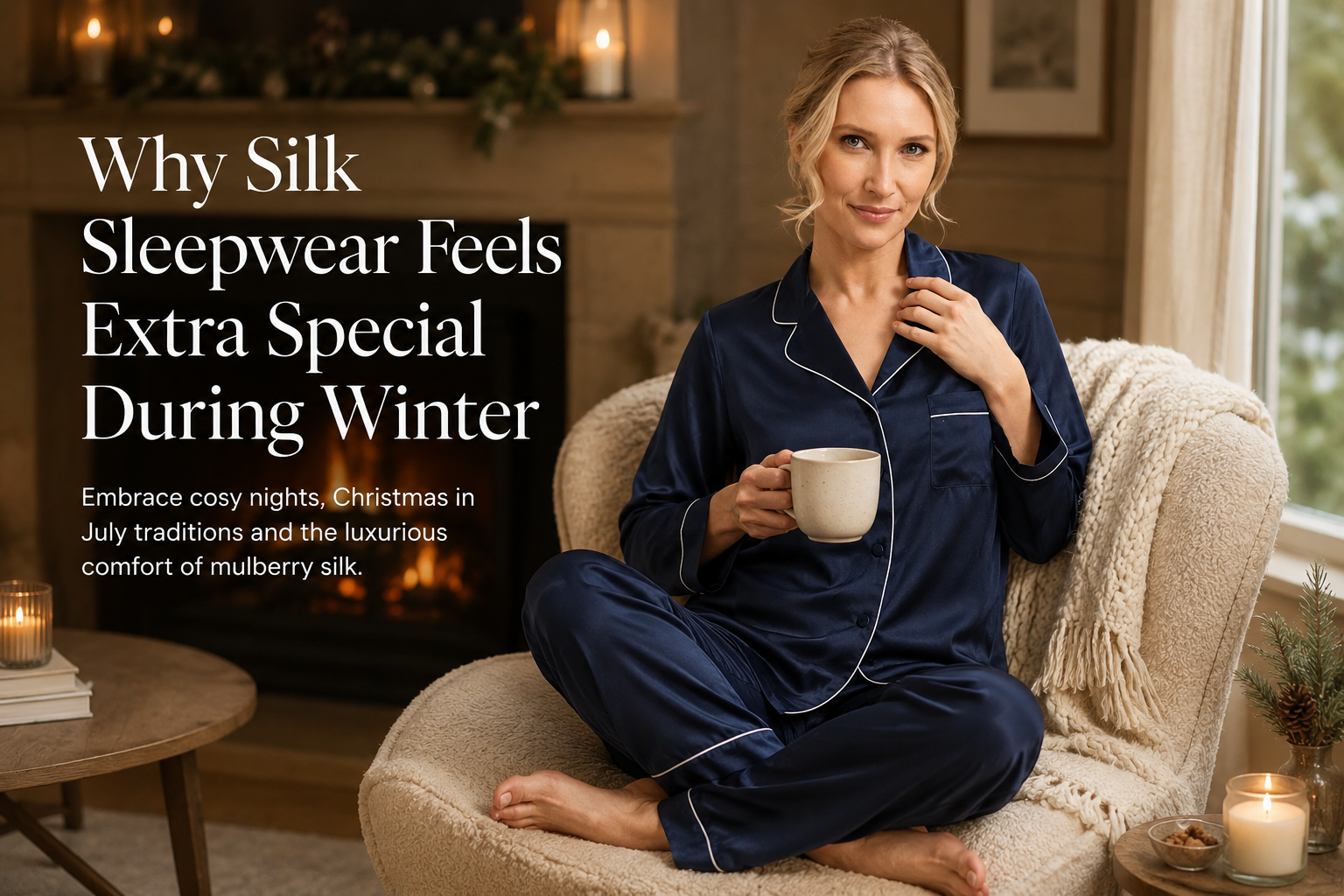 Woman wearing navy silk sleepwear relaxing indoors during a cosy winter evening