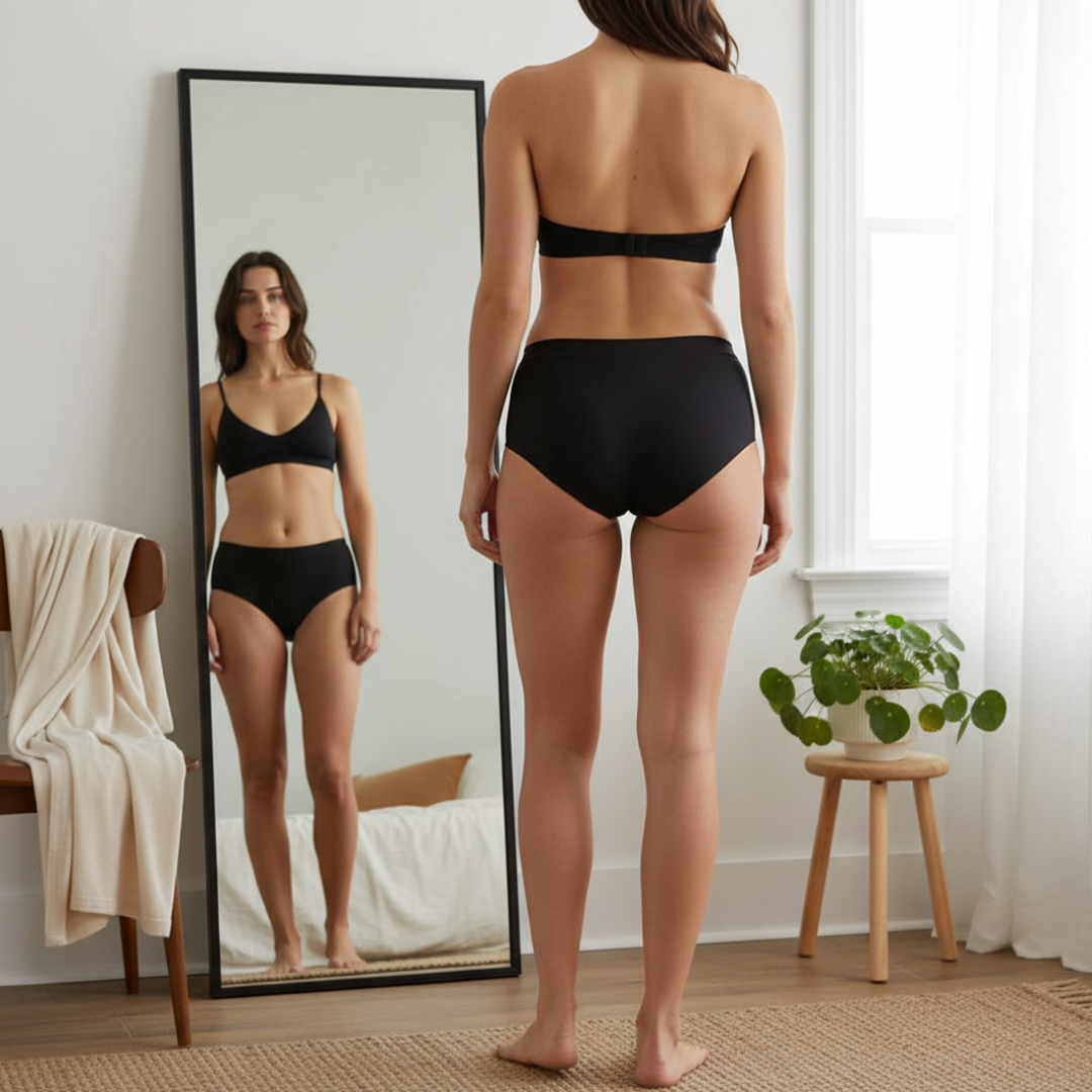 Woman standing barefoot in front of a mirror wearing black mid-rise bikini briefs and a soft bralette, showcasing the back view of seamless everyday underwear in a natural light bedroom.