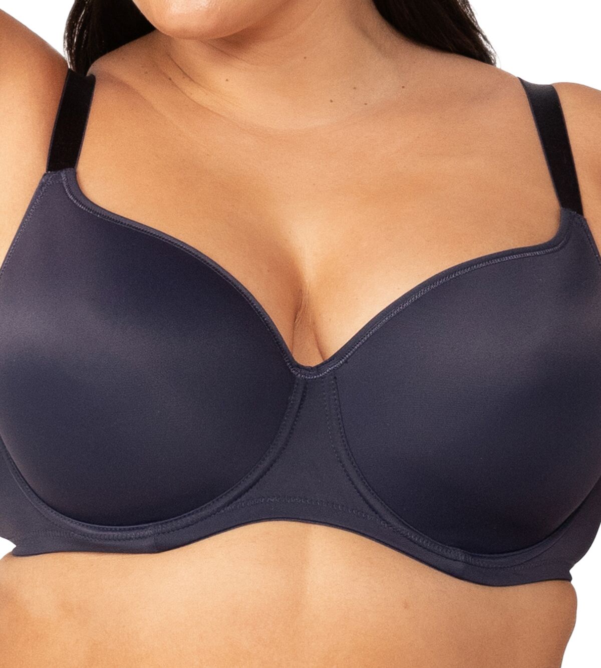 Full coverage navy blue moulded bra with smooth cups and supportive underwire on a fuller bust