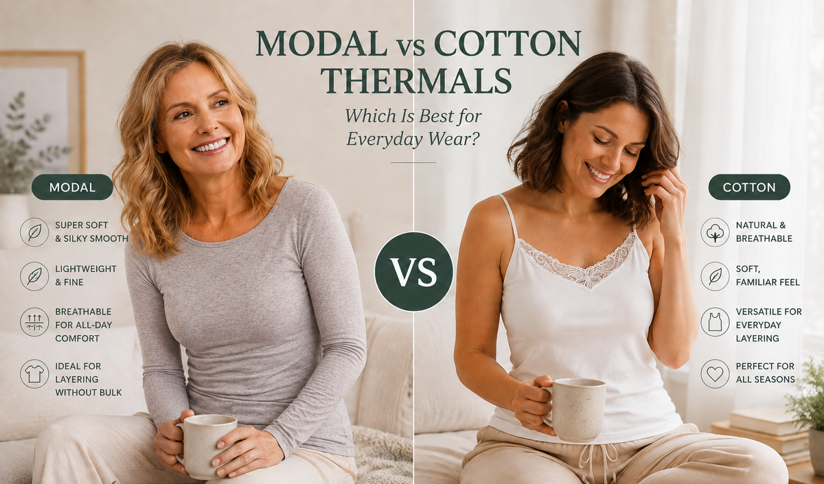 Modal vs cotton thermals for women, comparing everyday thermal layering options from The Foundation