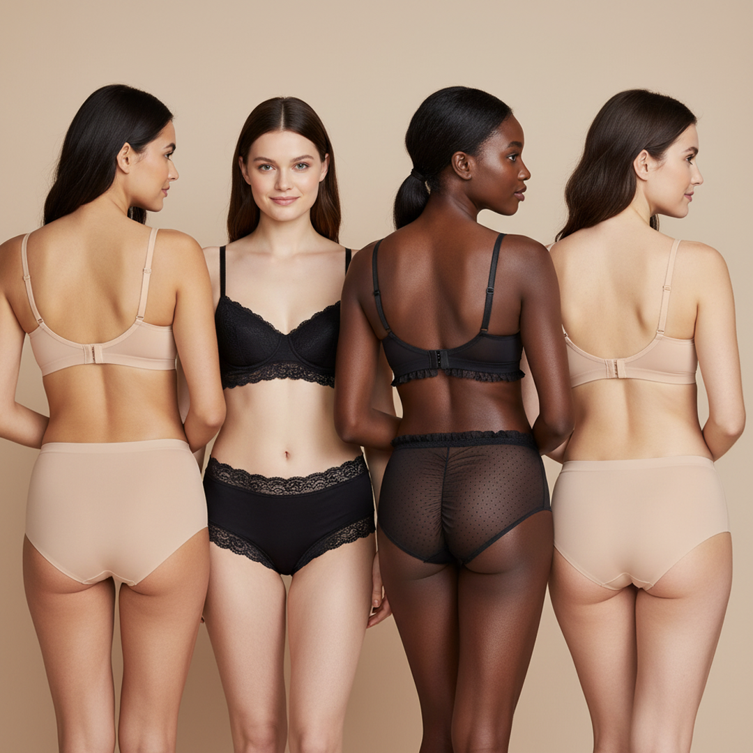 Four women in matching nude and black lingerie sets, showcasing seamless, lace-trim, and mesh briefs