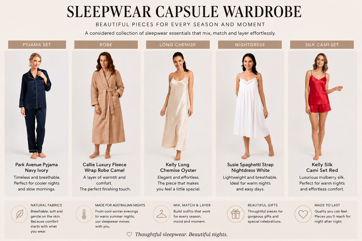 Sleepwear capsule wardrobe featuring a pyjama set, robe, long chemise, nightdress and silk cami set for every season.