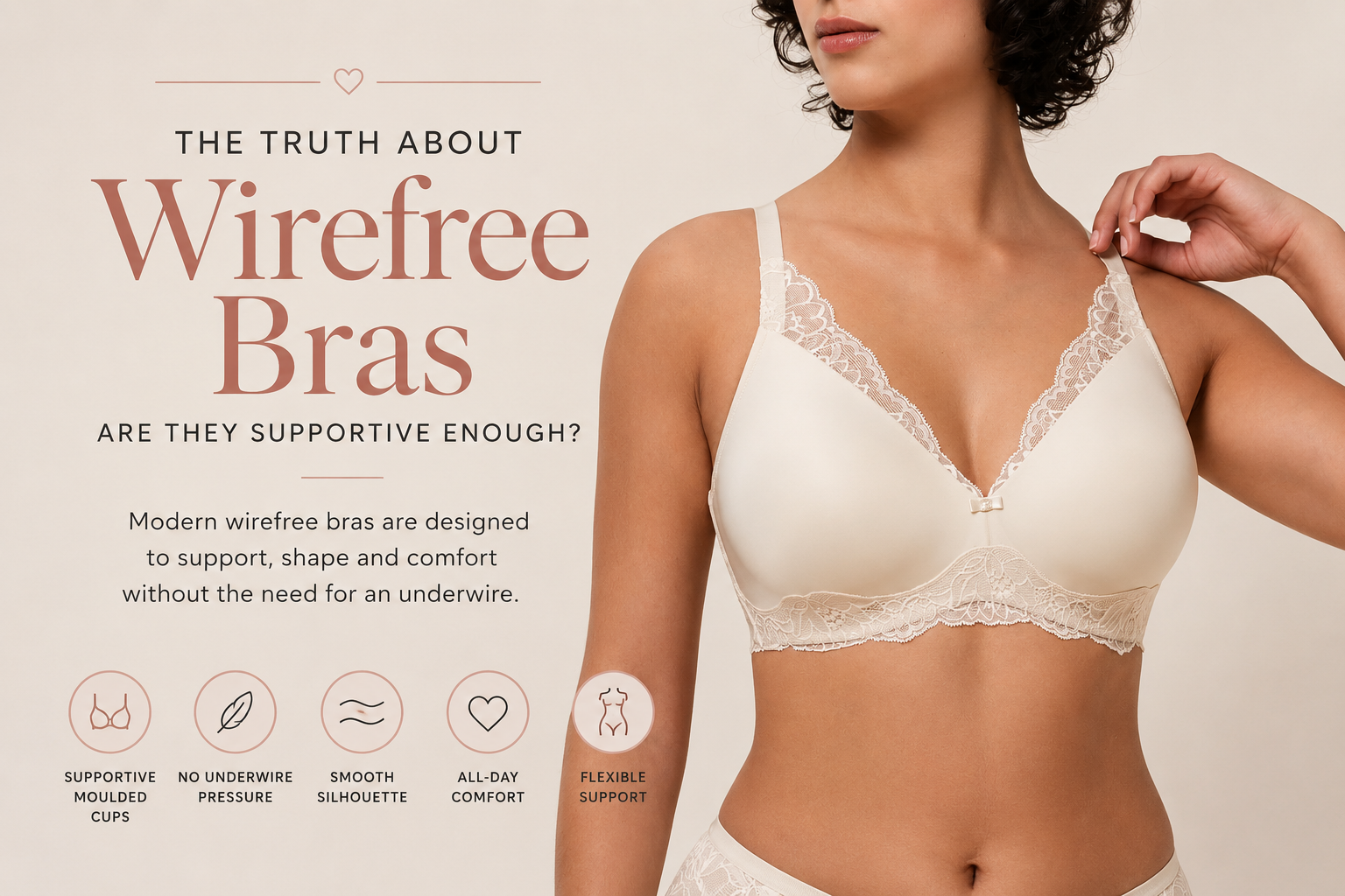 Woman wearing a supportive wirefree bra with lace detailing.